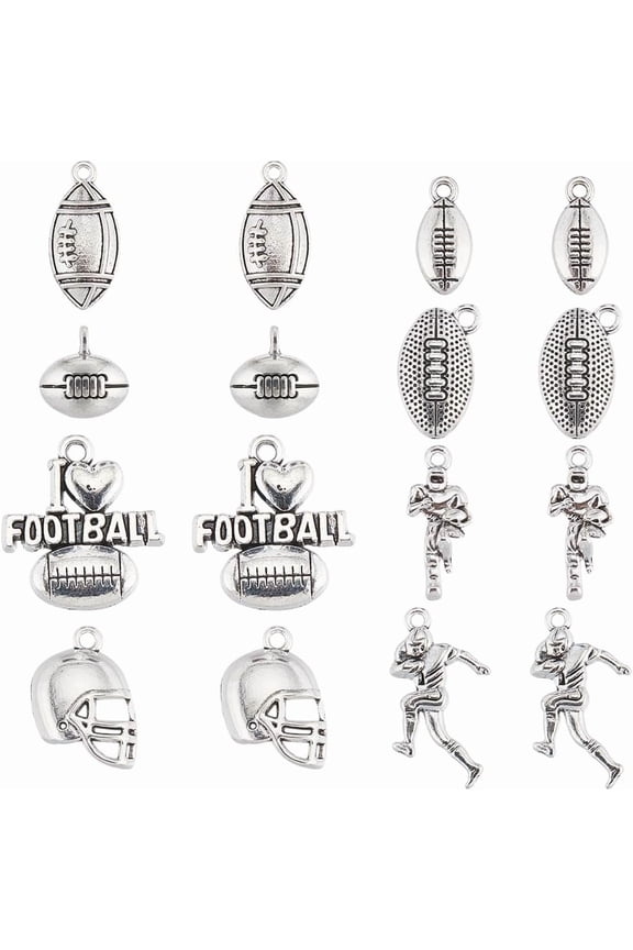 1 Box 64Pcs Football Charms Bulk American Football Sports Charm 3D Rugby Ball Bead Tibetan Style Silver I Love Football Charm Football Player Sport Charms for Jewelry Making Charms for DIY