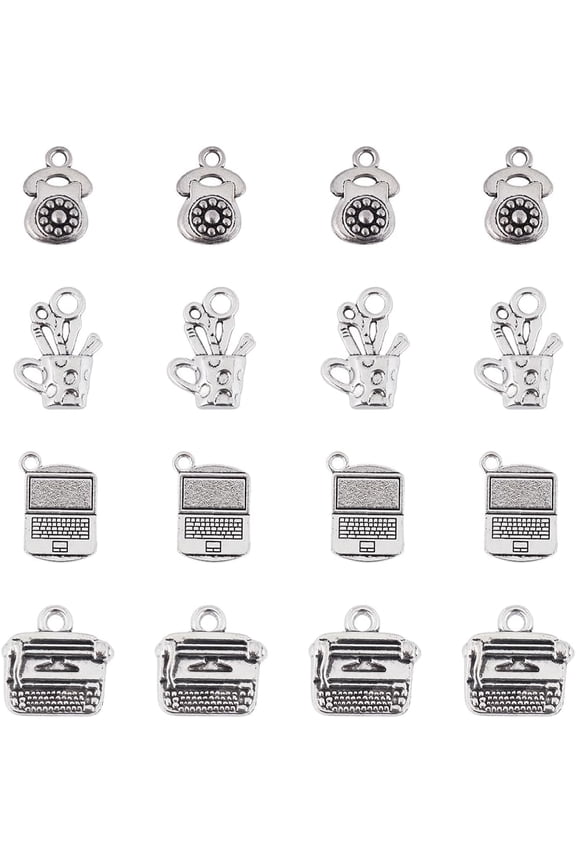 1 Box 64Pcs Office Supply Charms Authors Charm Tibetan Silver Alloy Notebook Telephone Pen Container Teacher School Charms