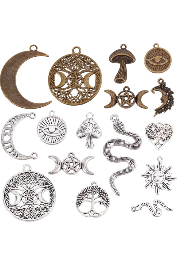 1 Box 64Pcs Tarot Style Moon Phase Charms Tree of Life Charm Goddess Moon Snake Sun Mushroom Ouijas Round Metal Charm for Jewelry Making Charms Earrings Necklace Bracelet DIY Supplies Colorful