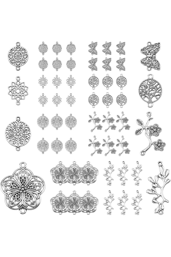 1 Box 64pcs 8 Styles Butterfly Tree of Life Connector Charms Findings Flower Craft Supplies