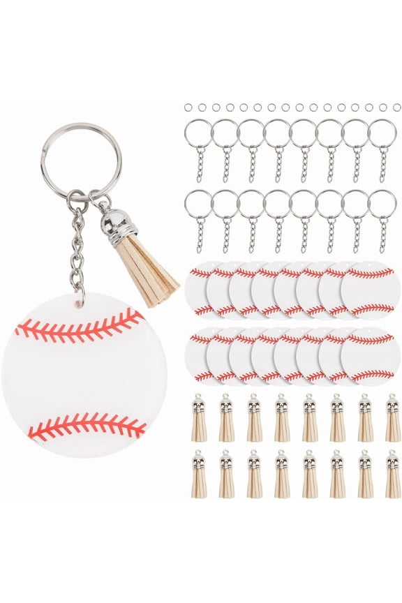 1 Box 64pcs Baseball Keychain DIY Sports Key Chains Kits Large Acrylic Sport Softball Keychains Blank Kit with Tassels