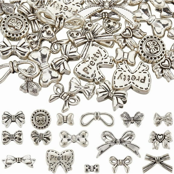 1 Box 64pcs Bow Beads Silver Bow Spacer Beads Alloy Metal Antique Silver Tibetan Style Vintage Cute Bowknot Tie Loose Spacer Bead for Jewelry Making DIY Crafting Bracelet Earrings Supplies