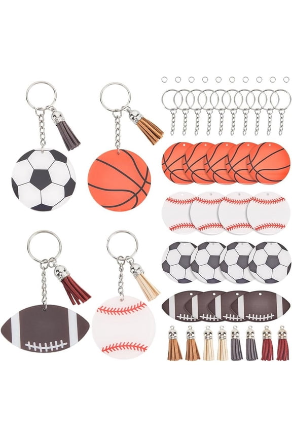 1 Box 64pcs Sports Keychains DIY Sports Keychain Craft Acrylic Football Rugby Basketball Baseball Key Chain Blank Kits with Tassel and Rings for Jewelry Making Keychains Gifts Crafting colorful