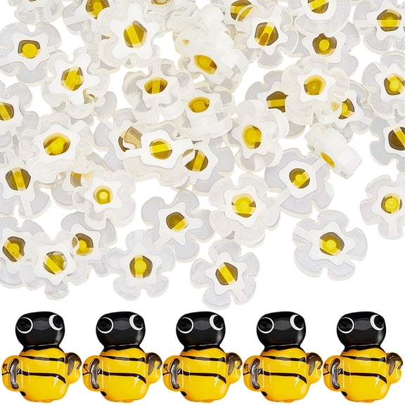 1 Box 65Pcs Bee and Daisy Handmade Lampwork Beads with Holes Yellow Flower Honeybee Insect Animal Glass Charms Spacer Loose Bead