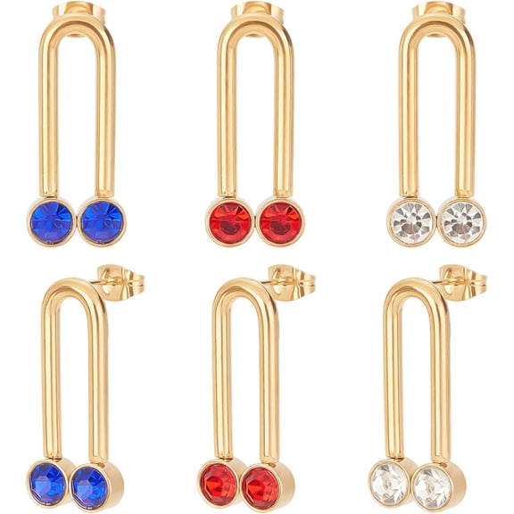 1 Box 6Pcs 3 Colors U Shape Rhinestone Dangle Stud Earrings Real 18K Gold Plated 304 Stainless Steel U Shape Earring Pins 0.7mm Pin Earrings Posts And Backs Earring Components