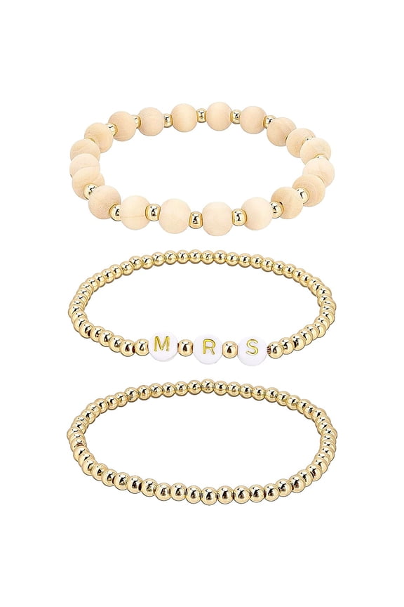 1 Box 6Pcs 3 Style Word Mrs Stretch Bracelets Set Brass Beads Natural Unfinished Wood & Brass & Acrylic Bracelets for Women Golden Inner Diameter: 2-1/8 inch(5.5cm) 2Pcs/style