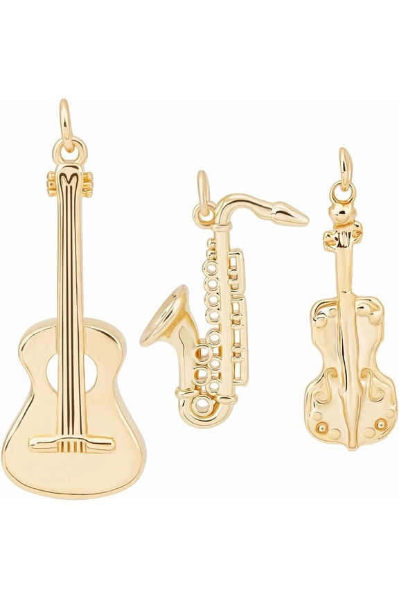1 Box 6Pcs 3 Styles Musical Instruments Charms 18K Gold Plated Instrument Guitar Saxophone Dangle Pendants Charm with Open Jump Rings