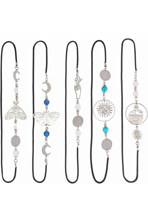 1 Box 6Pcs 6 Styles Elastic Bookmark Charm Book Marks Metal 304 Stainless Steel Polyester Silver Sun Moon Moth Gemstone Beads Book Makers for Books Teachers Friends Reading Findings