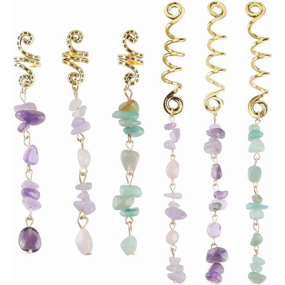 1 Box 6Pcs 6 Styles Natural Stone Hair Jewelry Snake Hair Braid Gold Metal Alloy Green Aventurine Rose Quartz Amethyst Dreadlock Coil Cuff Clip for Headdress Decoration Accessories Colorful DIY
