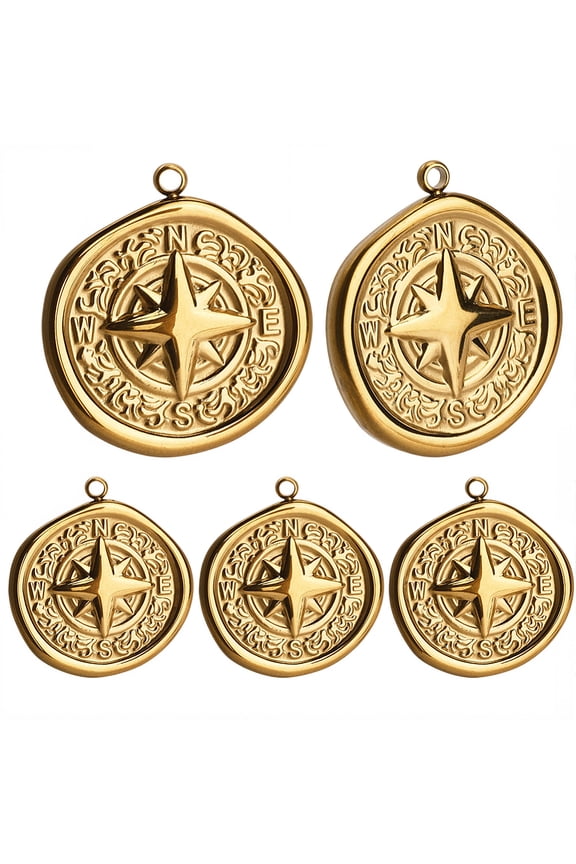 1 Box 6Pcs Compass Charms 18K Gold Plated 201 Stainless Steel Flat Round Coin Star Charms for Jewelry Making Pendant Necklace Bracelet