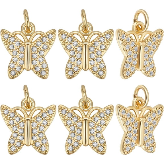1 Box 6Pcs Cubic Zirconia Butterfly Charm 18K Gold Plated Brass Butterflies Dangle Charms for Jewellery Making Charms DIY Craft (12.5x12mm)