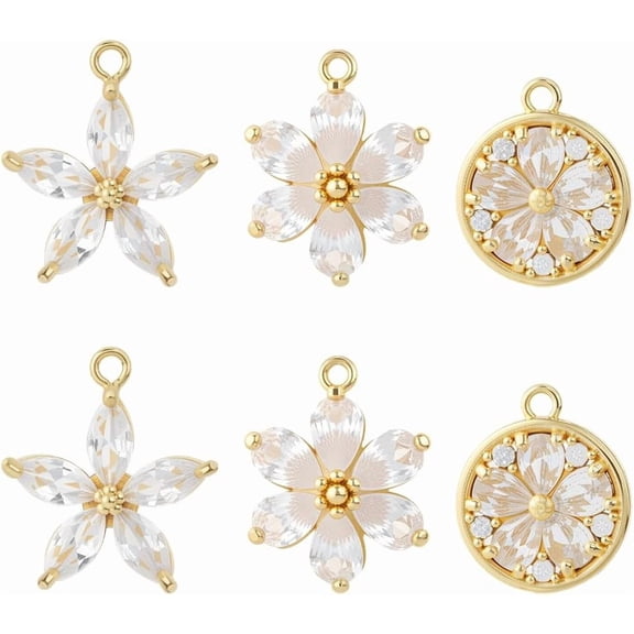 1 Box 6Pcs Cubic Zirconia Flower Charms 18K Gold Plated Brass 3 Styles Petal Charm for Jewelry Earring Making