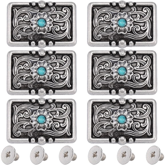 1 Box 6Pcs Decorative Conchos Buckles Rectangle Retro Screw Back Green Turquoise Badge Flower Metal Buttons Replacement for DIY Leather Sewing
