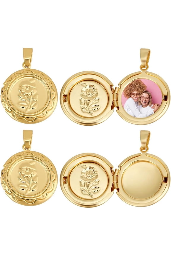 1 Box 6Pcs Gold Locket Charm Openable Flat Round with Flower Real 18K Gold Plated Brass Lockets Memory Photo Frame Pendants Charms for Jewelry Making Charms Necklace Supplies DIY Craft Gold