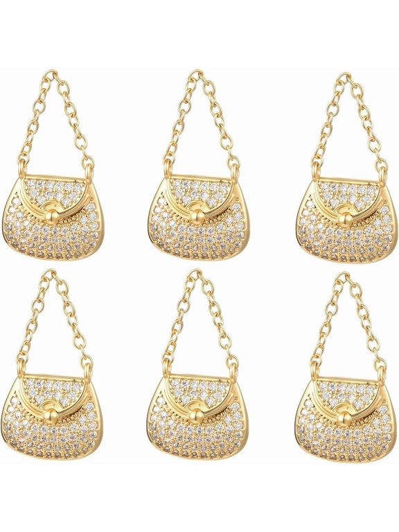 1 Box 6Pcs Mini Bag Pendant Charms 18K Gold Plated Cubic Zirconia Unique Dangle Charm for Jewelry Making DIY Crafts Necklace Decoration