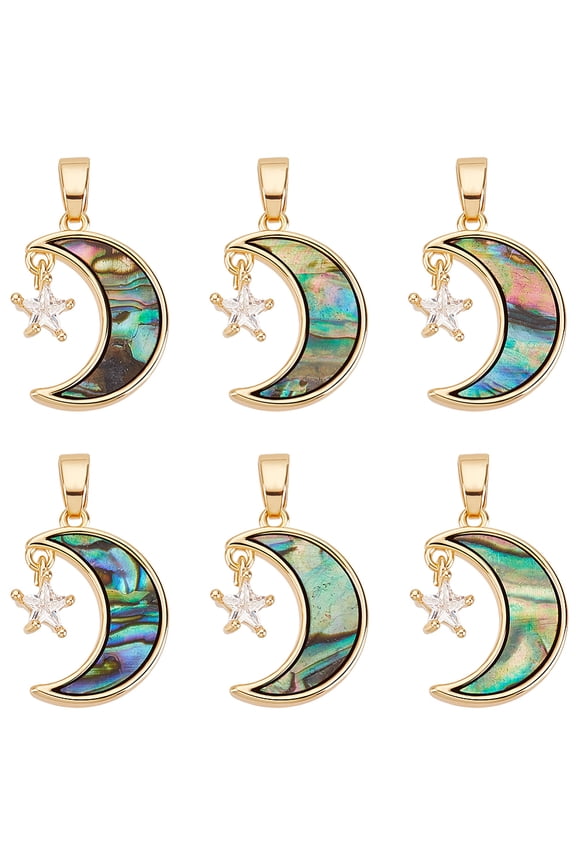 1 Box 6Pcs Moon with Star Charms 18K Gold Plated Brass Cubic Zirconia Colorful Dangle Crescent Charms for DIY Earring Necklace Bracelet