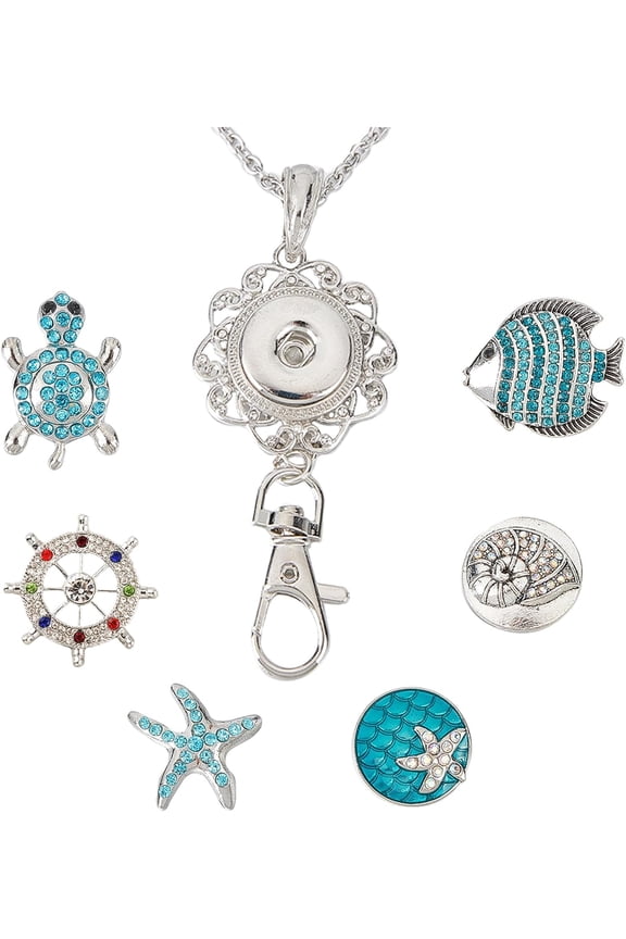 1 Box 6Pcs Ocean Office Lanyards ID Lanyard Badge Holder Making Kit Summer Sea Hawaii Turtle Starfish Snap Button Lanyards for Women Nurses Office Staff Stainless Steel Necklaces Supplies for DIY