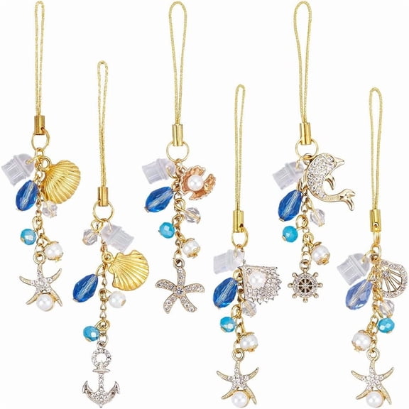 1 Box 6Pcs Phone Keychain Charm Dust Plug Charms Gold Phone Charms Hawaii Sumer Ocean Phone Charm Strap Starfish Sea Shell Charms Anti Dust Plugs