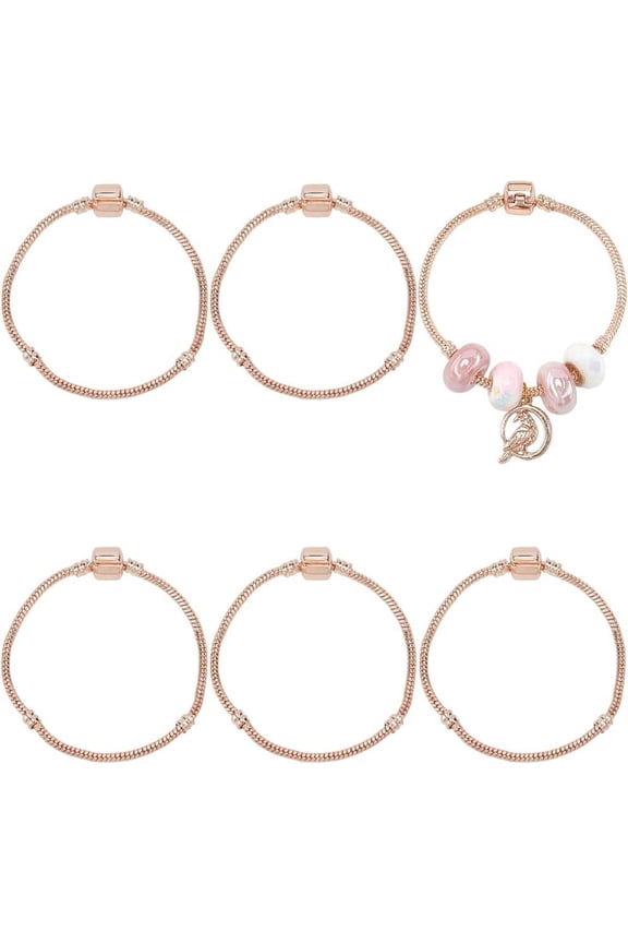 1 Box 6Pcs Rose Gold Snake Bracelet Chain Bangle Chains Bulk Metal Brass European Extender Adjustable String Large Hole Beads Snake Bangles Chain for Bracelet Jewelry Making Necklace DIY Rose Gold