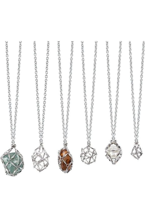 1 Box 6Pcs Silver Crystal Stone Holders Necklace Empty Crystal Holder Bulk Metal Stainless Steel Stones Cage Adjustable Interchangeable Gemstone Holder Chain for Jewelry Making DIY Necklace