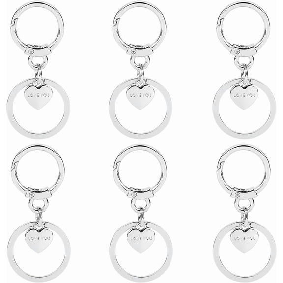1 Box 6Pcs Silver Heart Keychains Love You Key Chain Bulk Metal Alloy Valentine's Day Round Spring Gate O Rings Keychain with Hearts Charm for DIY Making