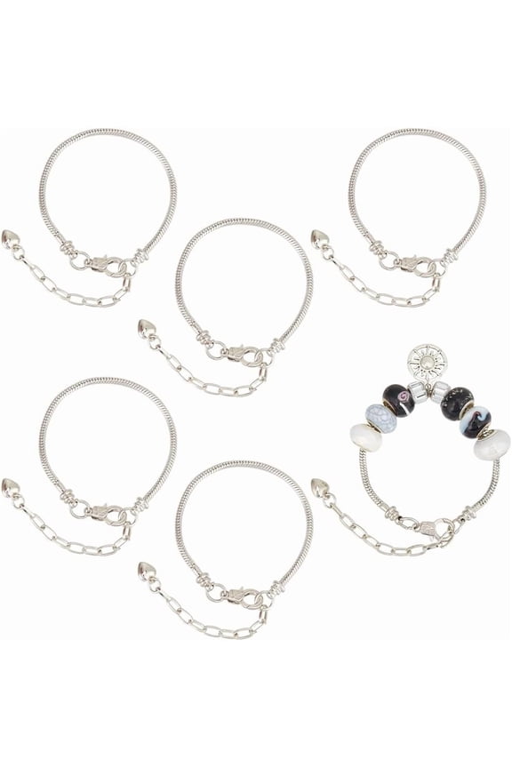 1 Box 6Pcs Snake Bracelets Chains Silver Brass Charms Bracelet Chain Bulk Metal Sterling European Bendable Extender Adjustable String Large Hole Beads Chain
