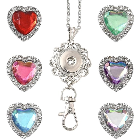 1 Box 6Pcs Snap Button Necklaces Badge Holder Breakaway Shiny Rhinestone Heart Interchangeable Snap Charms 304 Stainless Steel Cable Chain Necklace Fashion Id Badge Lanyards for Women Office for DIY