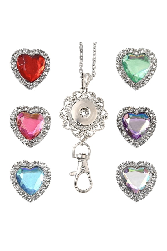 1 Box 6Pcs Snap Button Necklaces Badge Holder Breakaway Shiny Rhinestone Heart Interchangeable Snap Charms 304 Stainless Steel Cable Chain Necklace Fashion Id Badge Lanyards for Women Office DIY