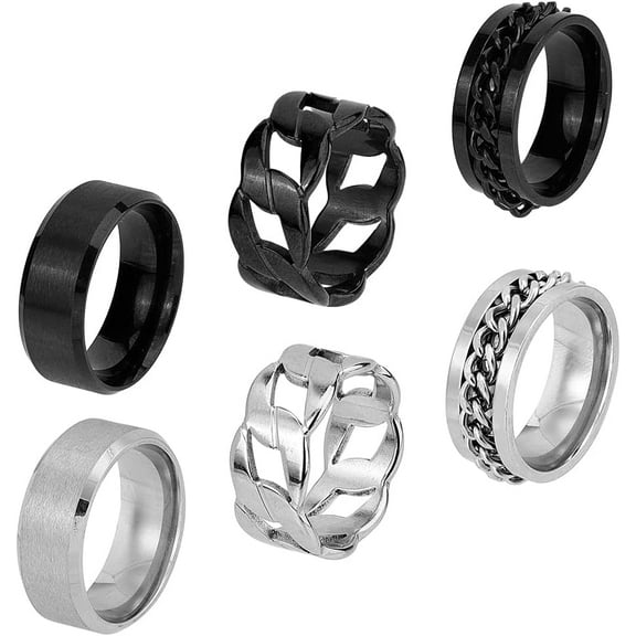 1 Box 6Pcs Stainless Steel Fidget Anxiety Ring Spinner Rings Set Plain Band Ring Brushed Rotating Chain Ring Wedding Promise