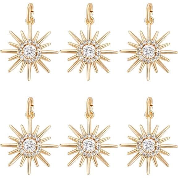 1 Box 6Pcs Sun Charm 18K Gold Plated Cubic Zirconia Flat Round Celestial Solar Eclipse Pendants Charms with Jump Ring for Jewellery Making DIY Necklace Bracelet Crafts Clear