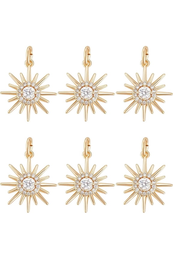 1 Box 6Pcs Sun Charm 18K Gold Plated Cubic Zirconia Flat Round Celestial Solar Eclipse Pendants Charms with Jump Ring for Jewellery Making Necklace Bracelet Crafts Clear DIY