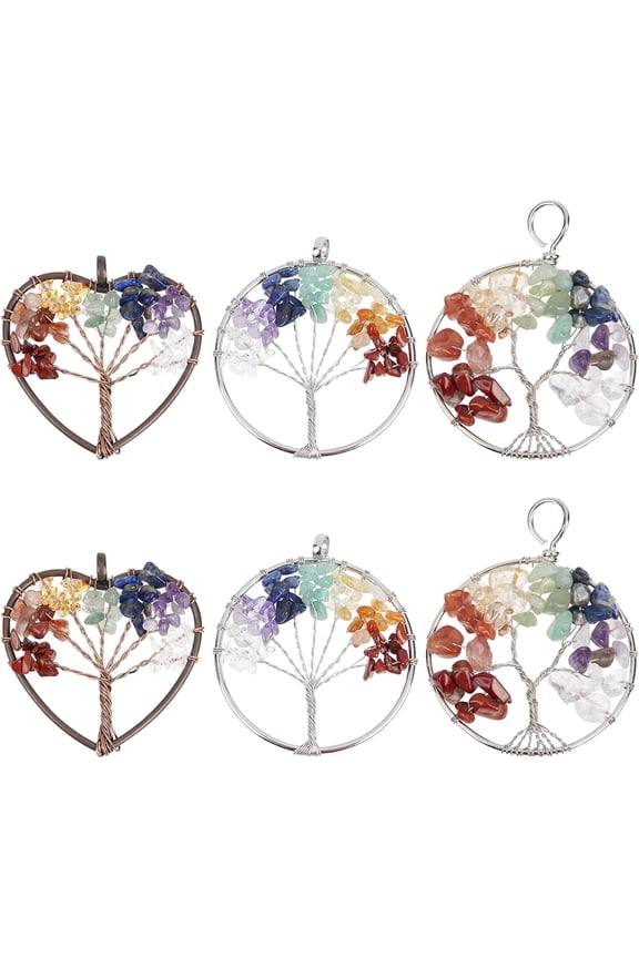 1 Box 6Pcs Tree of Life Charms 7 Stones Large Charm Handmade Natural Amethyst Quartz Wire Wrapped Germstone Chip Beads Charms Energy Charms for Jewelry Making Charm colorful