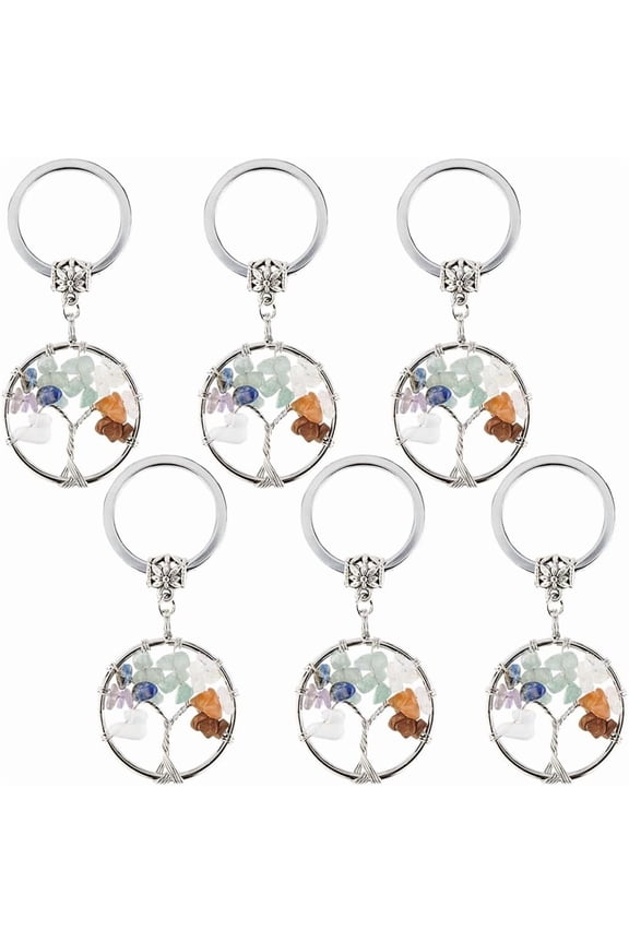 1 Box 6Pcs Tree of Life Keychain Bulk Handmade Stone Keychains Chip Beads Natural Quartz Gemstone Beads Good Luck Charms Round Colorful Key Chains for Women Men diy