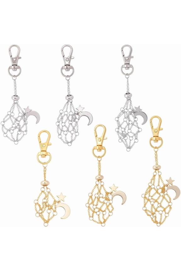 1 Box 6pcs 3 Styles Cage Key Chain Holder Stone Holder Pendant Gold Silver Empty Rock Gemstone Mesh Cage Moon Star Key Rings with Lobster Clasp