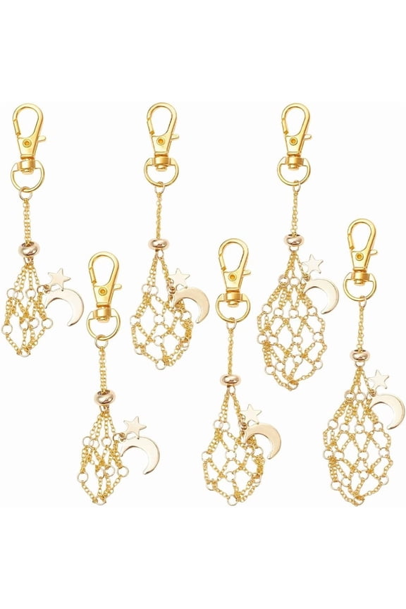 1 Box 6pcs 3 Styles Crystal Holder Keychain Empty Crystal Pendant Bulk Gold Hollow Metal Rock Locket Gemstone Cage Holder Keyrings with Moon Star Charms