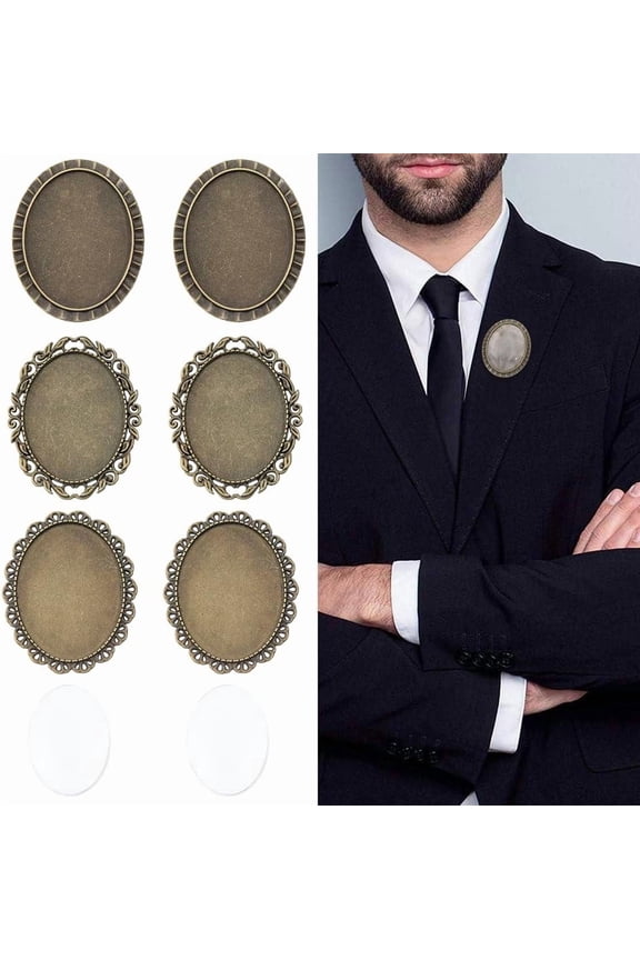 1 Box 6pcs Brooch Pin Making Kit Cabochon Bezel Tray Tibetan Style Alloy Metal Photo Badge Pin Basic Blank Bezel Include 6pcs Glasses Cabochon for Jewelry Making Women DIY Crafting