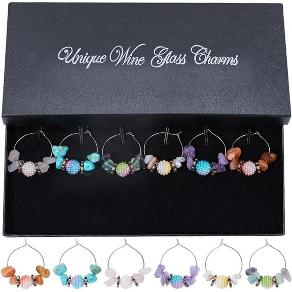 1 Box 6pcs Cute Wine Glass Charms Wine Glass Decorations Gemstone Shell Wine Glasses Charms Tag Identifiers with Brass Ring Tasting Party Women Christmas Mixed Color