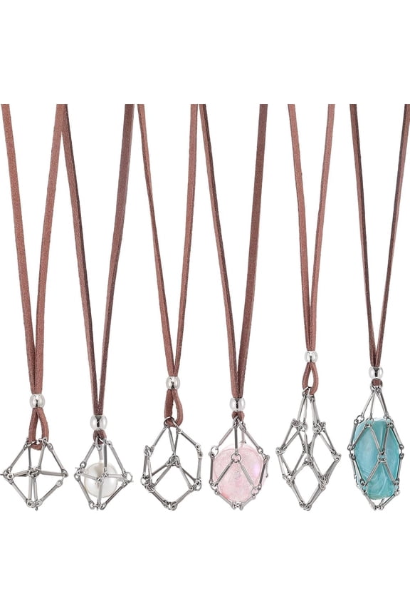1 Box 6pcs Empty Necklace Holder Gemstone Holder Necklace Silver Brass Metal Suede Adjustable Stones Crystals Cords Boho Mesh Cage Charms for DIY