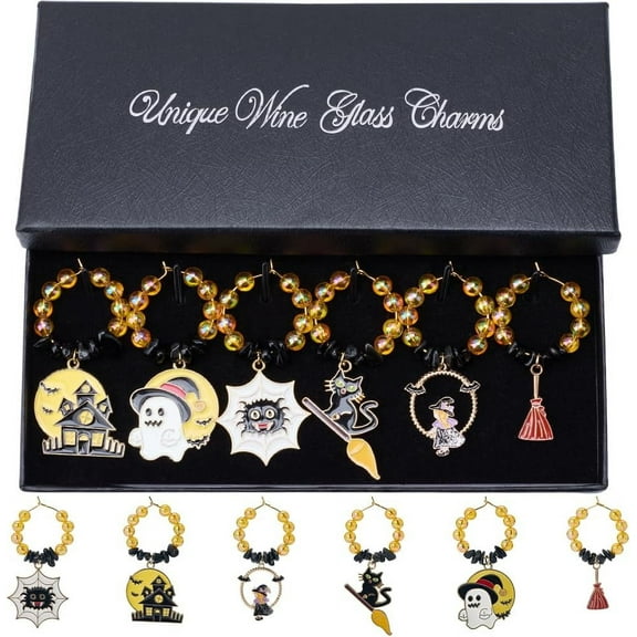 1 Box 6pcs Holiday Wine Charms Wine Drink Charms Cute Spider Cat Broomstick Drinker Identification Makers Ring Tag Charm for Wine Tasting Party Home Women Decorations