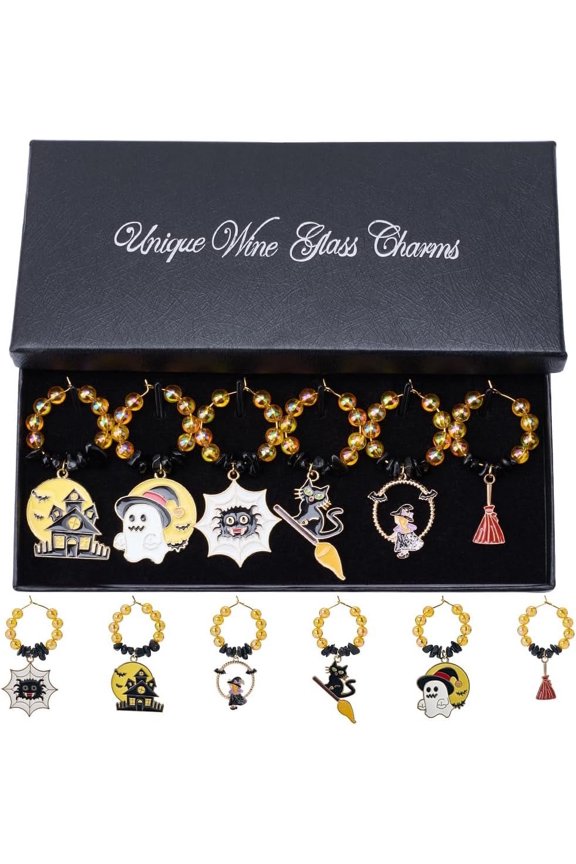 1 Box 6pcs Holiday Wine Charms Wine Drink Charms Halloween Cute Ghost Spider Cat Broomstick Drinker Identification Makers Ring Tag Charm