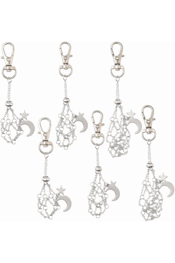 1 Box 6pcs Stone Holder Keychain Stone Cage Pendant Silver Alloy Metal Crystal Empty Rock Cage Mesh Star Moon Charms Keychains