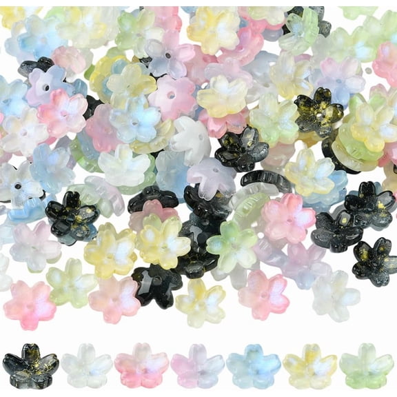1 Box 7 Colors 210Pcs Cherry Flower Beads Glass Caps Beads Bulk 10mm Cute Luminous Floral White Pink sakuras Spring Blossom End caps for Jewelry Making Diy Bracelet Necklace Earring Supplies