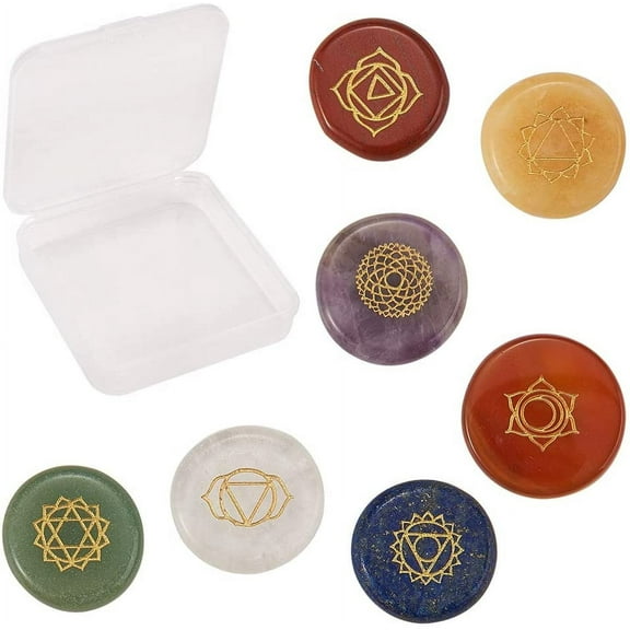1 Box 7 Stones Set Reiki with Engraved Symbols No Hole Undrilled Flat Round Stones Polished Palm Stone Colorful