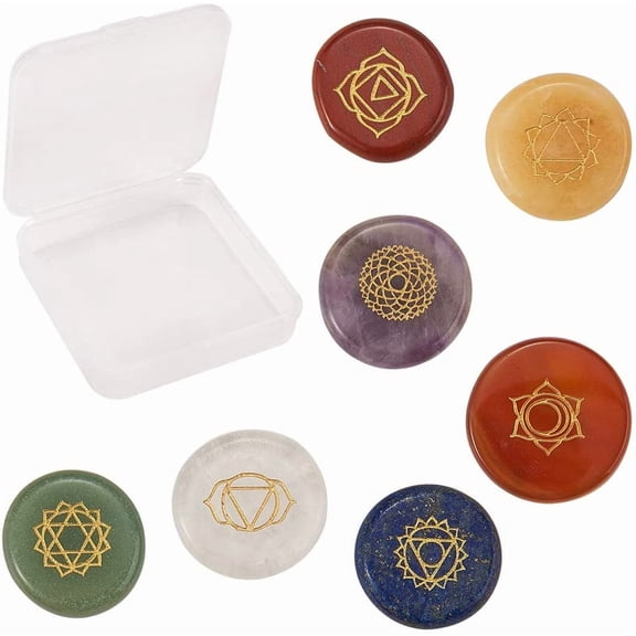 1 Box 7 Stones Set Reiki with Engraved Symbols No Hole Undrilled Flat Round Stones Polished Palm Stone Mixed Color