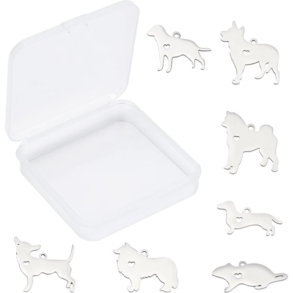1 Box 7 Styles Stainless Steel Charms Flat Metal Animal Pendants Dog Wolf Danchshund Shape with Hole for Jewelry Making Bracelets Necklaces DIY Supplies Accessories Silver