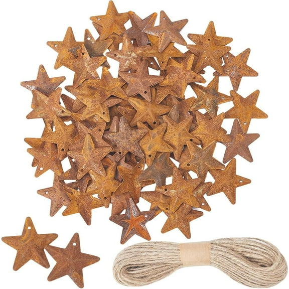 1 Box 70PCS 2.5" Vintage Rusty Mini Metal Barn Star Contain A Jute Rope Antique Primitives Small Tin Steel Stars with Holes for Patriotic 4th of July Farmhouse Holiday Handmade