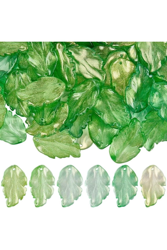 1 Box 70PCS Green Leaf Shape Glass Bead Leaves Top Drilled with Gold Dust Cute Wind Chimes Charms Spacer Loose Beads Bulk for Jewelry Making Earring Suncatcher DIY Craft Supply