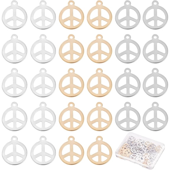 1 Box 70Pcs 3 Style Stainless Steel Peace Sign Charms Round Charms Hollow Charms Peace Symbol Charms for diy making