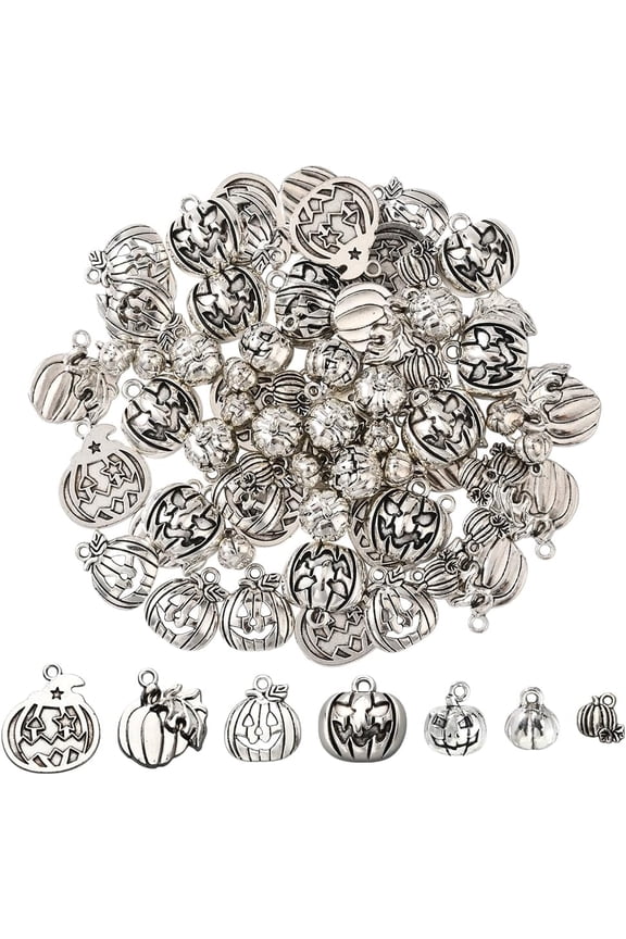 1 Box 70Pcs 7 Style Metal Pumpkin Charm Silver Charm Bulk Alloy Tibetan Vintage Holiday Pumpkins Pendants Findings for DIY handcrafting