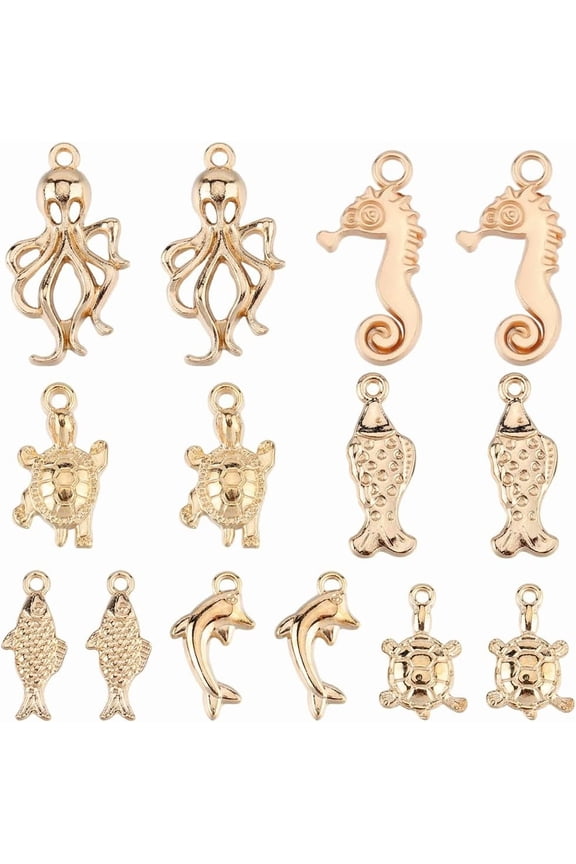 1 Box 70Pcs 7 Styles Ocean Animal Charms Gold Beach Charms Bulk Alloy Golden Seahorse Dolphin Turtle Fish Octopus Metal Sea Animals Charm